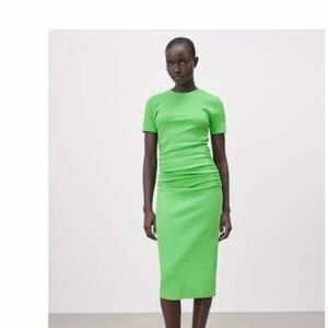 Zara Bright Green Ruched Midi Dress